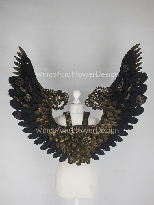 Small black steampunk biomechanical wings, unique wings, steampunk costume, Gothic Wings, wings with cogs, wings, black angel wings