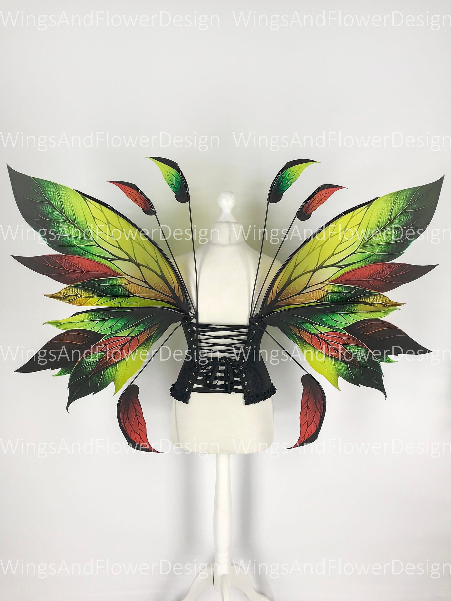 Butterfly green red orange forest fairy leaves wings, wings Photo Prop, wedding wings, butterfly magical fairy wings, fantasy halloween