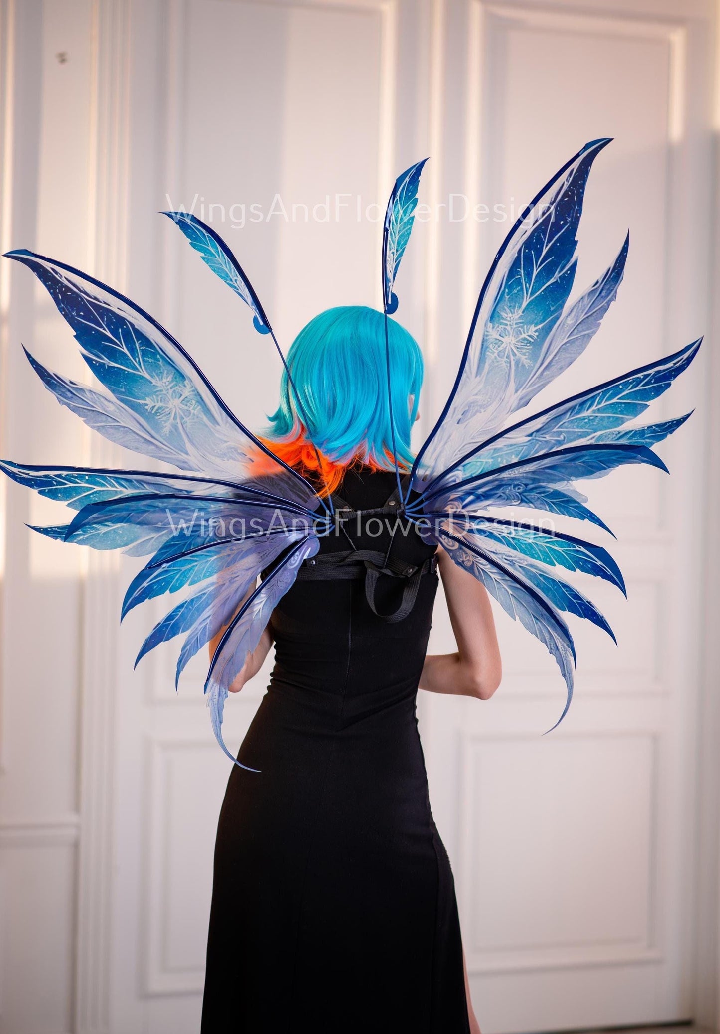 Blue transparent Snow Queen clear crystal icy winter snowflake glassy Fairy elf wings Photo Prop, fantasy magical halloween