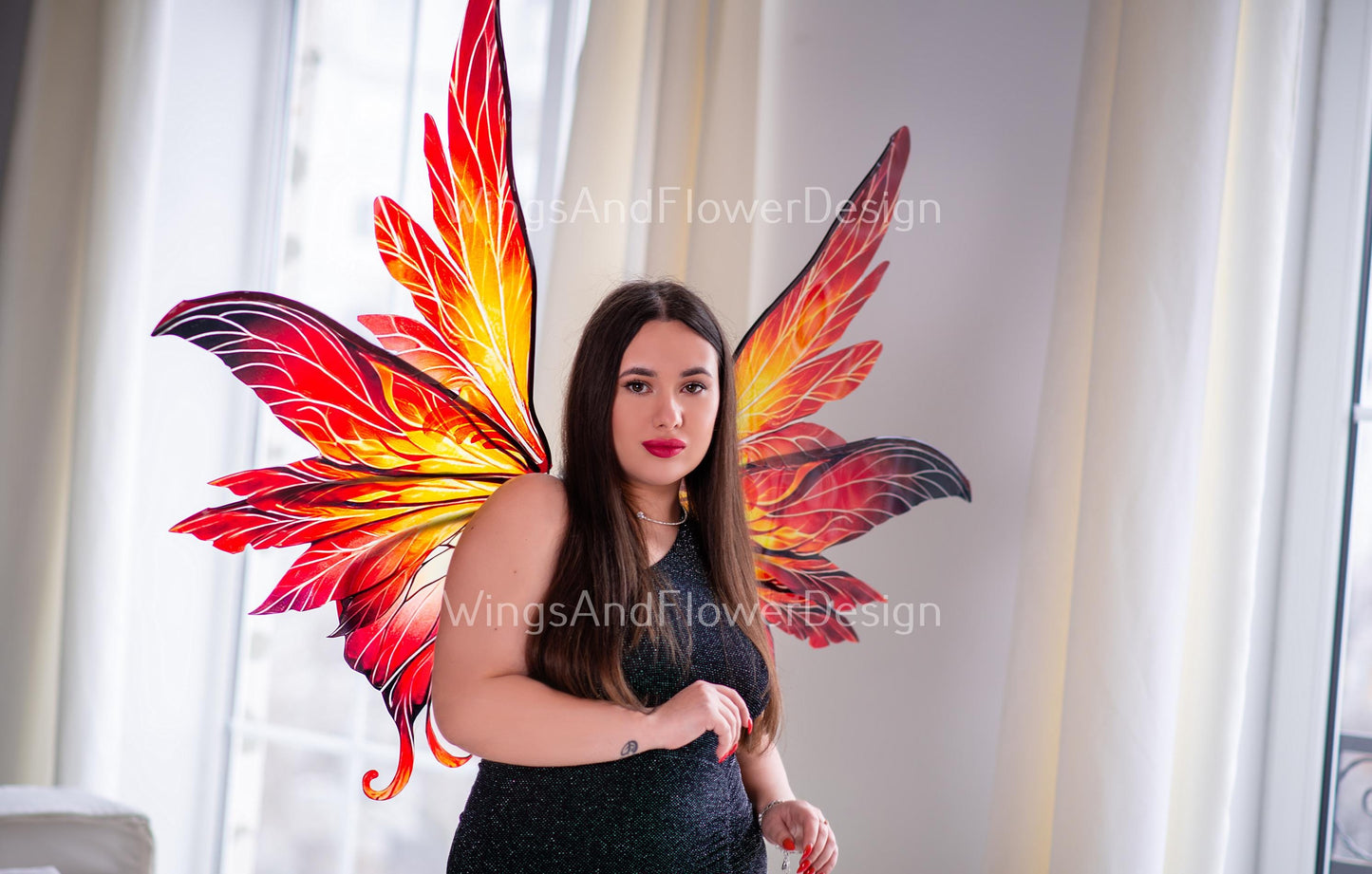 Red yellow orange phoenix sun dragonfly butterfly fairy costume wings, phoenix inspired fire wings fantasy cosplay mystical fashion wings