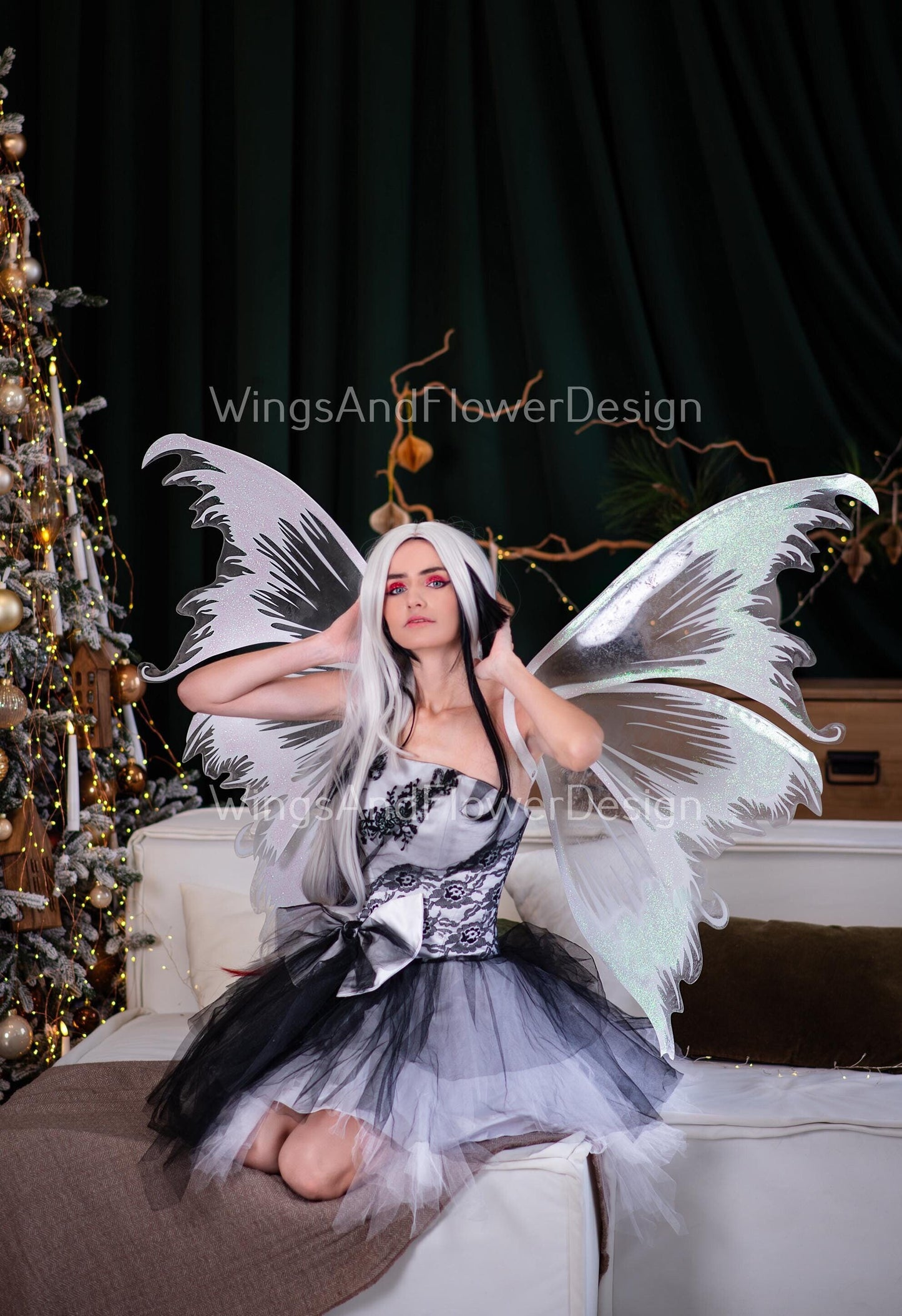 Shimmering white shiny with glitter transparent clear butterfly winter fairy costume wings, dreamlike fairytale fairy wings, wings halloween