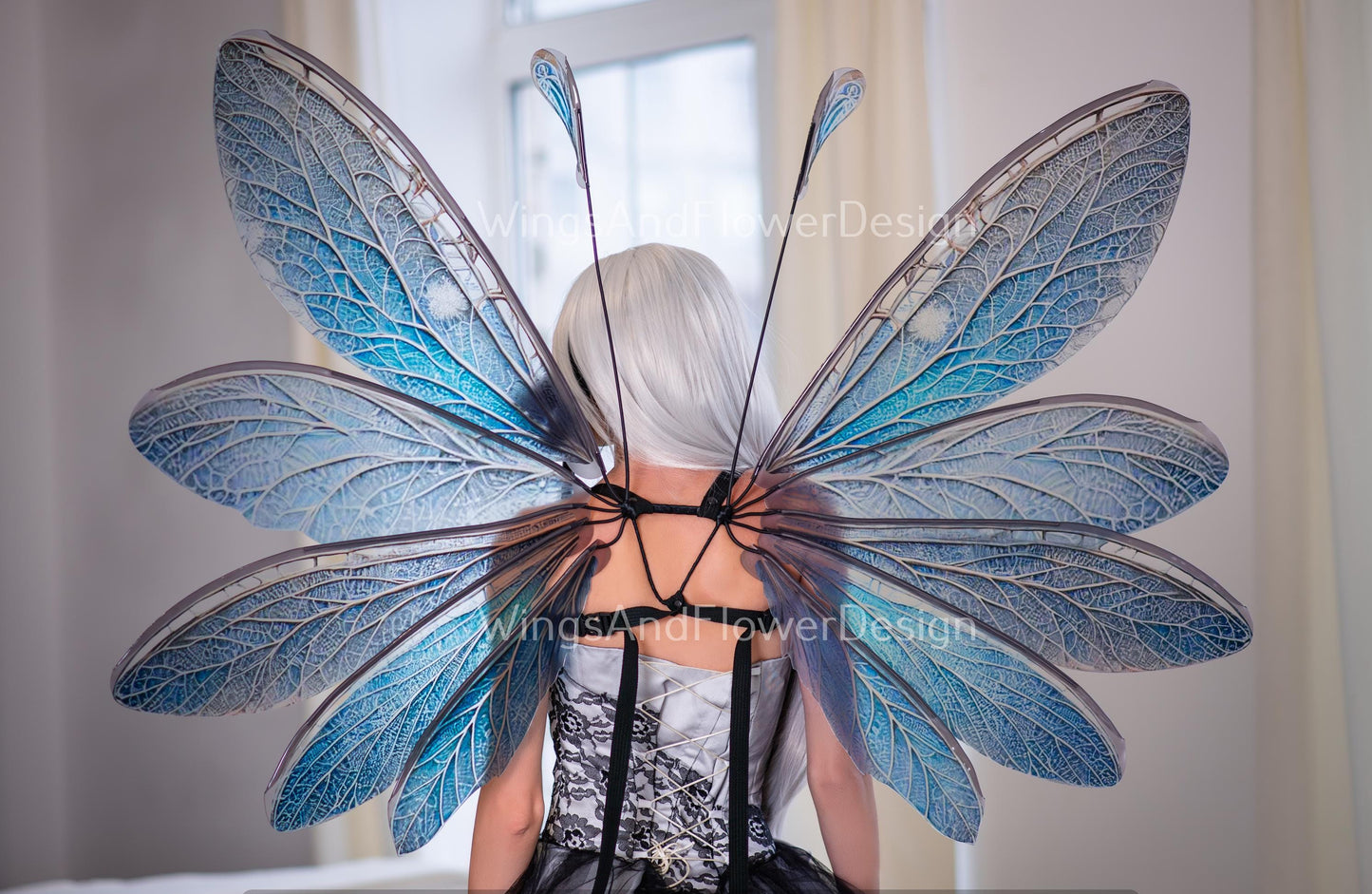 Blue transparent clear crystal winter snowflake glassy Fairy elf wings Photo Prop, fantasy magical halloween, Snow Queen ice air fairy wings