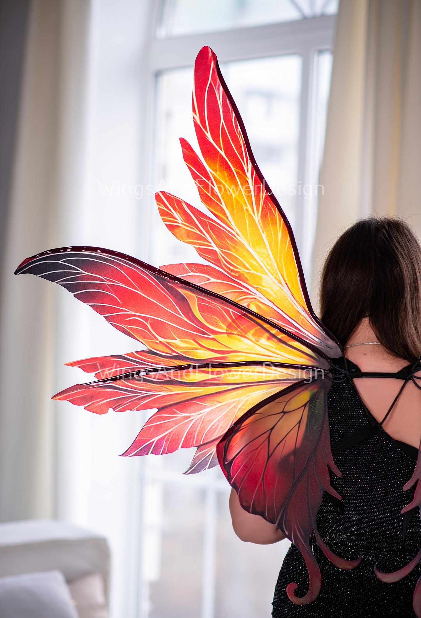 Red yellow orange phoenix sun dragonfly butterfly fairy costume wings, phoenix inspired fire wings fantasy cosplay mystical fashion wings