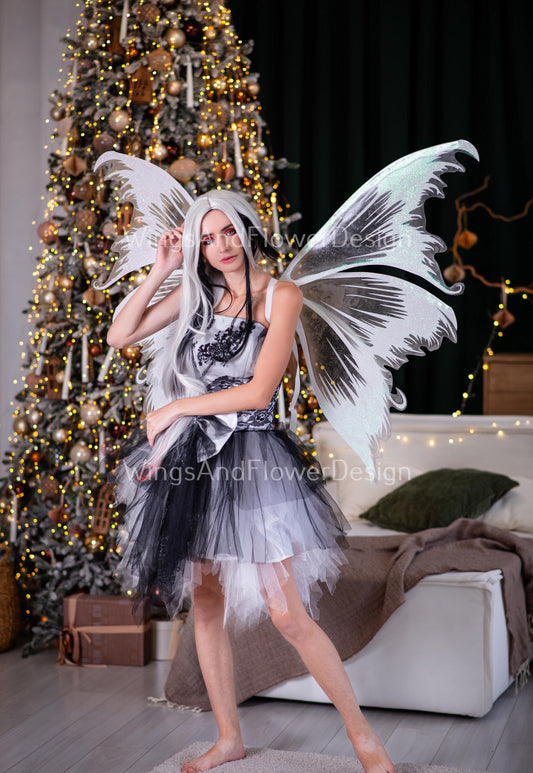 Shimmering white shiny with glitter transparent clear butterfly winter fairy costume wings, dreamlike fairytale fairy wings, wings halloween