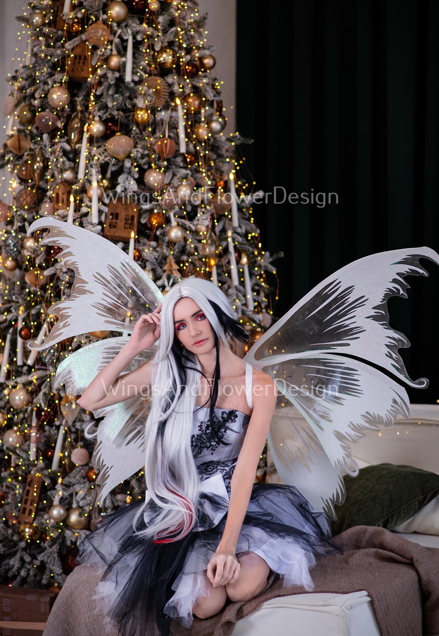 Shimmering white shiny with glitter transparent clear butterfly winter fairy costume wings, dreamlike fairytale fairy wings, wings halloween