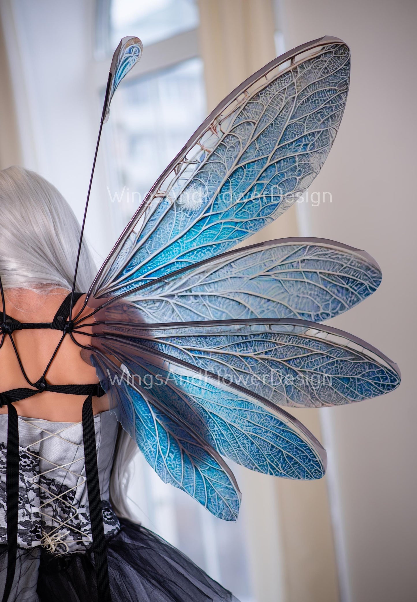 Blue transparent clear crystal winter snowflake glassy Fairy elf wings Photo Prop, fantasy magical halloween, Snow Queen ice air fairy wings
