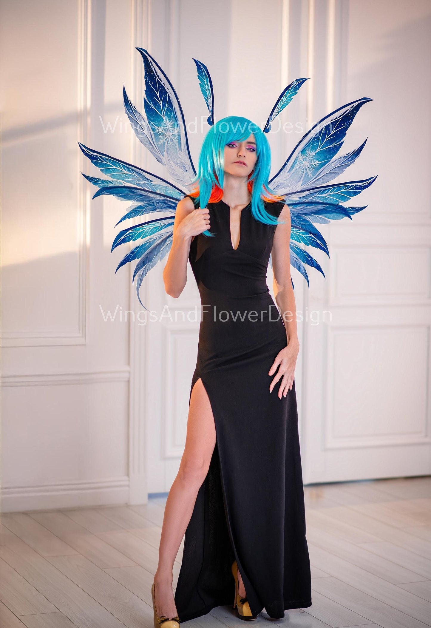 Blue transparent Snow Queen clear crystal icy winter snowflake glassy Fairy elf wings Photo Prop, fantasy magical halloween