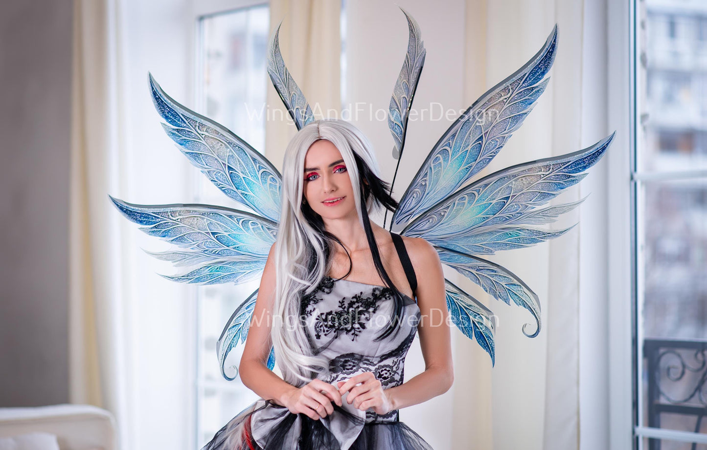 Blue gray transparent Snow Queen clear crystal icy winter snowflake glassy Fairy elf wings Photo Prop, fantasy magical halloween