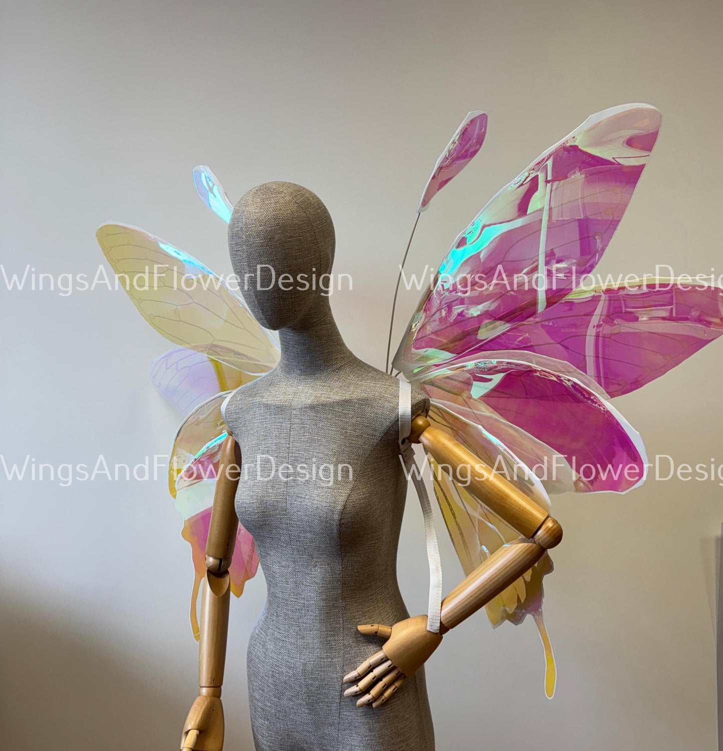 Rainbow iridescent mirror fluorescent yellow pink orange butterfly elf fairy wings fantasy Halloween magical fairy clear wings