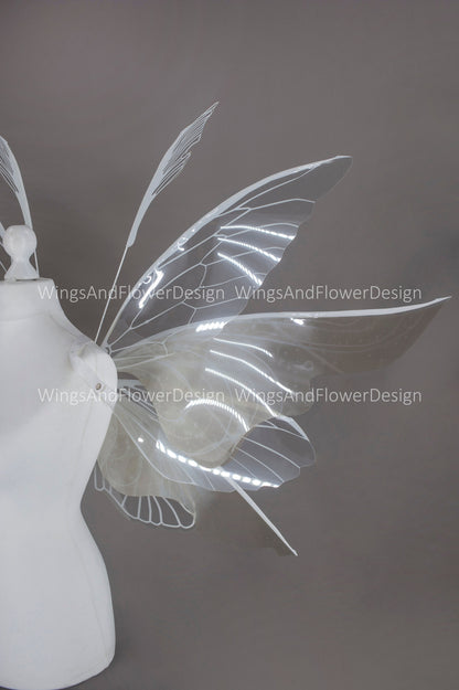 White transparent clear butterfly fairy wings, costume wings, dreamlike fairytale fairy wings, white Swallowtail, Blue wings, halloween