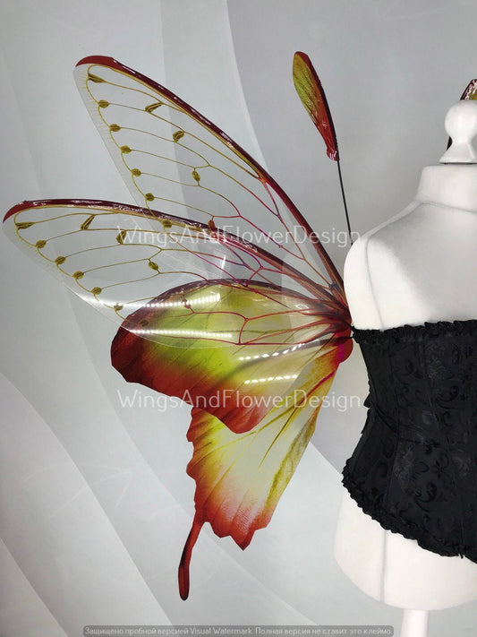 Butterfly green brown red forest fairy wings, fairy wings, wings Photo Prop, wedding wings, butterfly magical fairy wings, fantasy halloween
