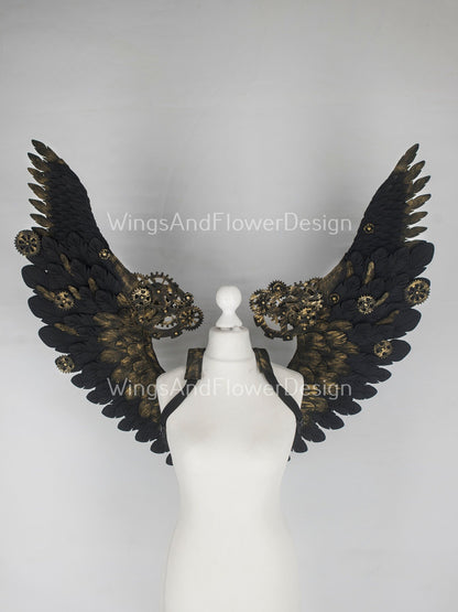 Small black steampunk biomechanical wings, unique wings, steampunk costume, Gothic Wings, wings with cogs, wings, black angel wings