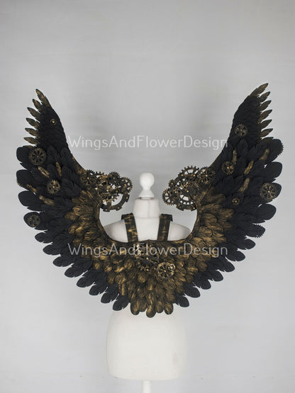 Small black steampunk biomechanical wings, unique wings, steampunk costume, Gothic Wings, wings with cogs, wings, black angel wings