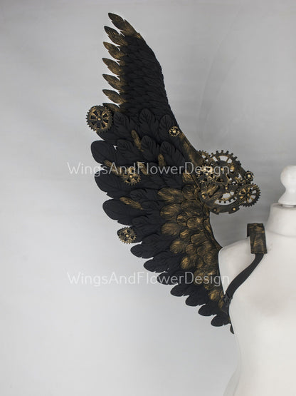 Small black steampunk biomechanical wings, unique wings, steampunk costume, Gothic Wings, wings with cogs, wings, black angel wings