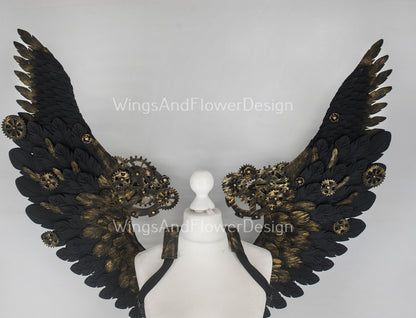 Small black steampunk biomechanical wings, unique wings, steampunk costume, Gothic Wings, wings with cogs, wings, black angel wings
