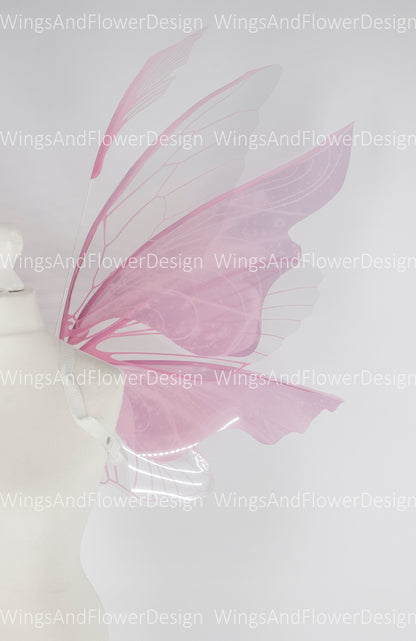 Pink transparent clear butterfly fairy wings, costume wings, dreamlike fairytale fairy wings, white Swallowtail pink wings, halloween