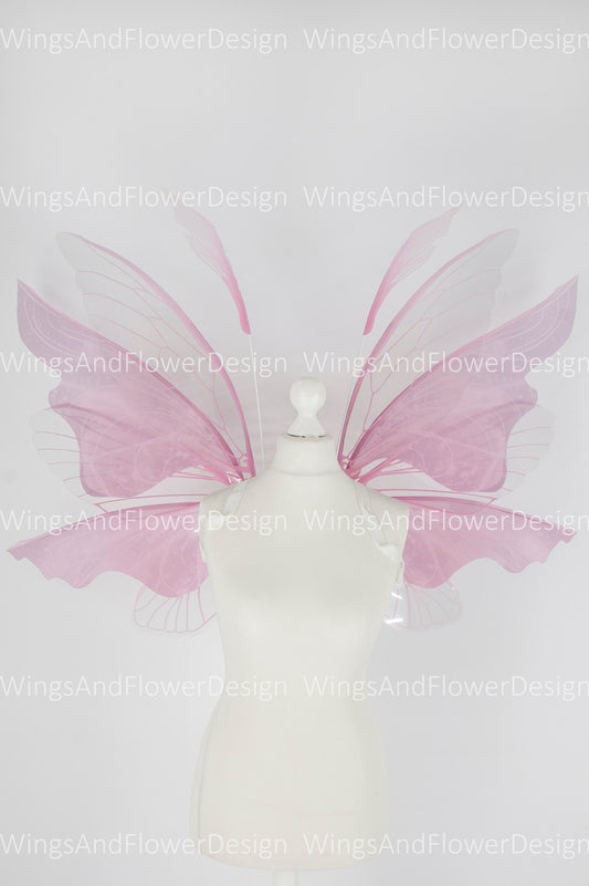 Pink transparent clear butterfly fairy wings, costume wings, dreamlike fairytale fairy wings, white Swallowtail pink wings, halloween