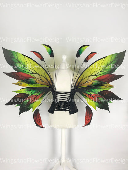 Butterfly green red orange forest fairy leaves wings, wings Photo Prop, wedding wings, butterfly magical fairy wings, fantasy halloween