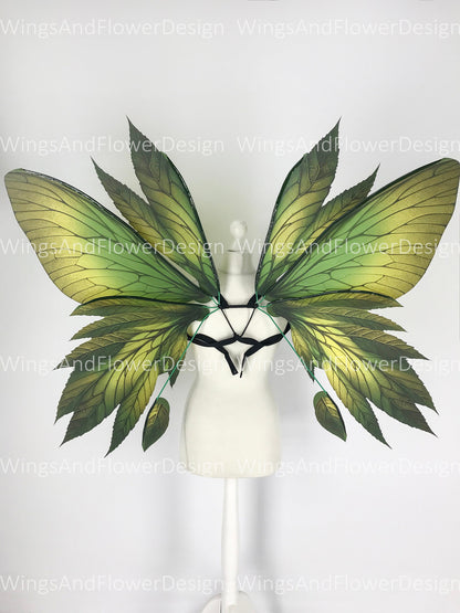 Butterfly green yellow brown forest fairy leaves wings, wings Photo Prop, wedding wings, butterfly magical fairy wings, fantasy halloween