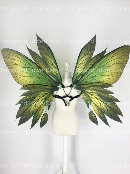 Butterfly green yellow brown forest fairy leaves wings, wings Photo Prop, wedding wings, butterfly magical fairy wings, fantasy halloween