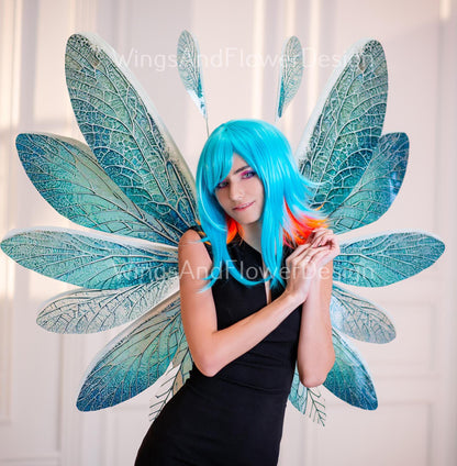 Blue sea green clear crystal winter snowflake glassy Fairy elf wings Photo Prop, fantasy magical halloween, Snow Queen ice air fairy wings