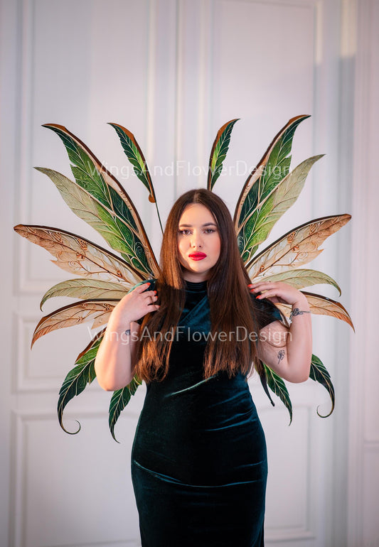 Butterfly autumn green brown orange yellow forest fairy autumn leaves wings Photo Prop, wedding magical fairy wings, fantasy halloween
