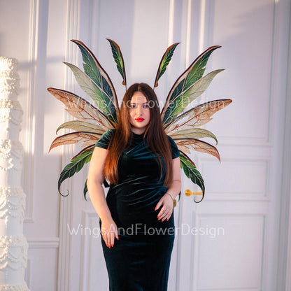 Butterfly autumn green brown orange yellow forest fairy autumn leaves wings Photo Prop, wedding magical fairy wings, fantasy halloween