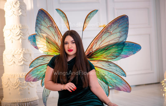 Butterfly rainbow green red blue yellow iridescent wings Photo Prop, wedding wings, butterfly magical fairy wings, fantasy halloween