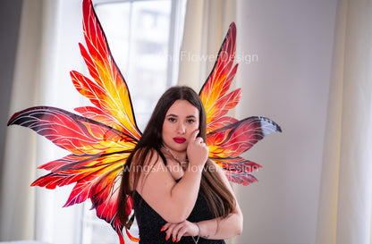 Red yellow orange phoenix sun dragonfly butterfly fairy costume wings, phoenix inspired fire wings fantasy cosplay mystical fashion wings