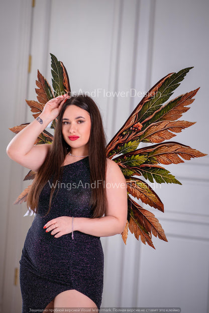 Butterfly green orange yellow brown forest fairy autumn leaves wings Photo Prop, wedding butterfly magical fairy wings, fantasy halloween