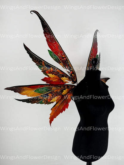 Butterfly red orange green yellow brown forest fairy autumn leaves wings Photo Prop, wedding butterfly magical fairy wings fantasy halloween