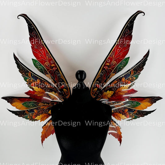 Butterfly red orange green yellow brown forest fairy autumn leaves wings Photo Prop, wedding butterfly magical fairy wings fantasy halloween