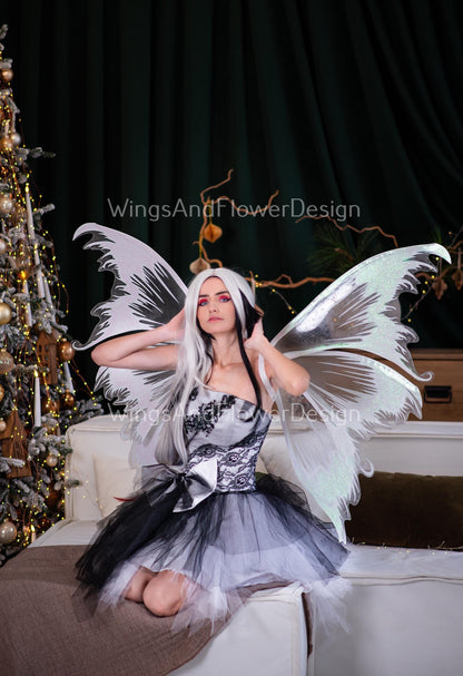 Shimmering white shiny with glitter transparent clear butterfly winter fairy costume wings, dreamlike fairytale fairy wings, wings halloween