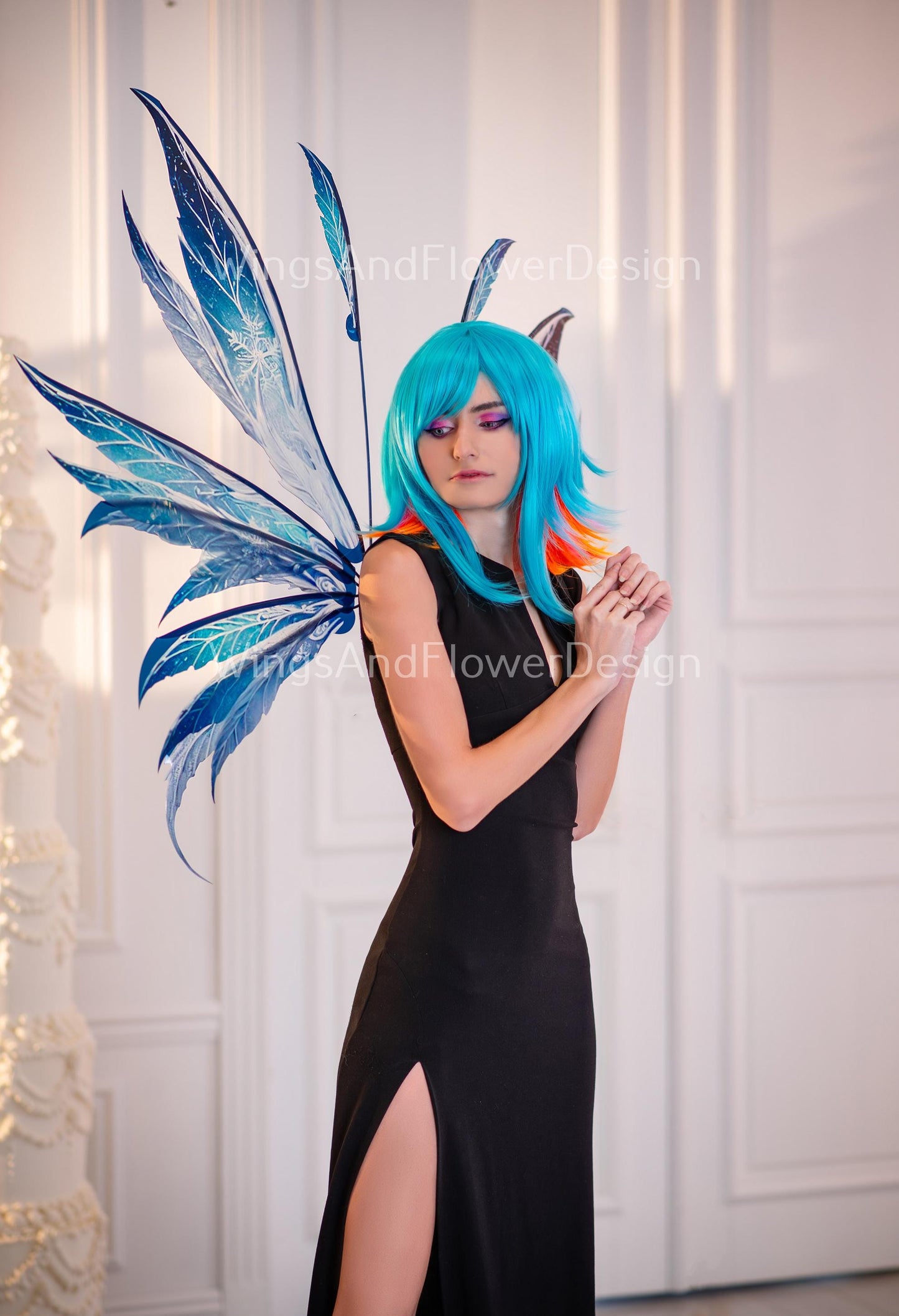 Blue transparent Snow Queen clear crystal icy winter snowflake glassy Fairy elf wings Photo Prop, fantasy magical halloween