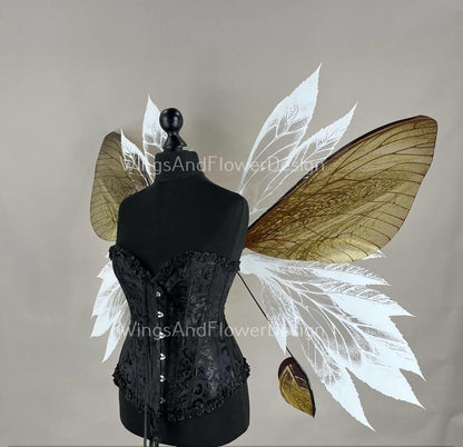 Butterfly gold white brown forest fairy leaves wings, wings Photo Prop, wedding wings, butterfly magical fairy wings, fantasy halloween