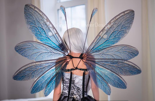 Blue transparent clear crystal winter snowflake glassy Fairy elf wings Photo Prop, fantasy magical halloween, Snow Queen ice air fairy wings