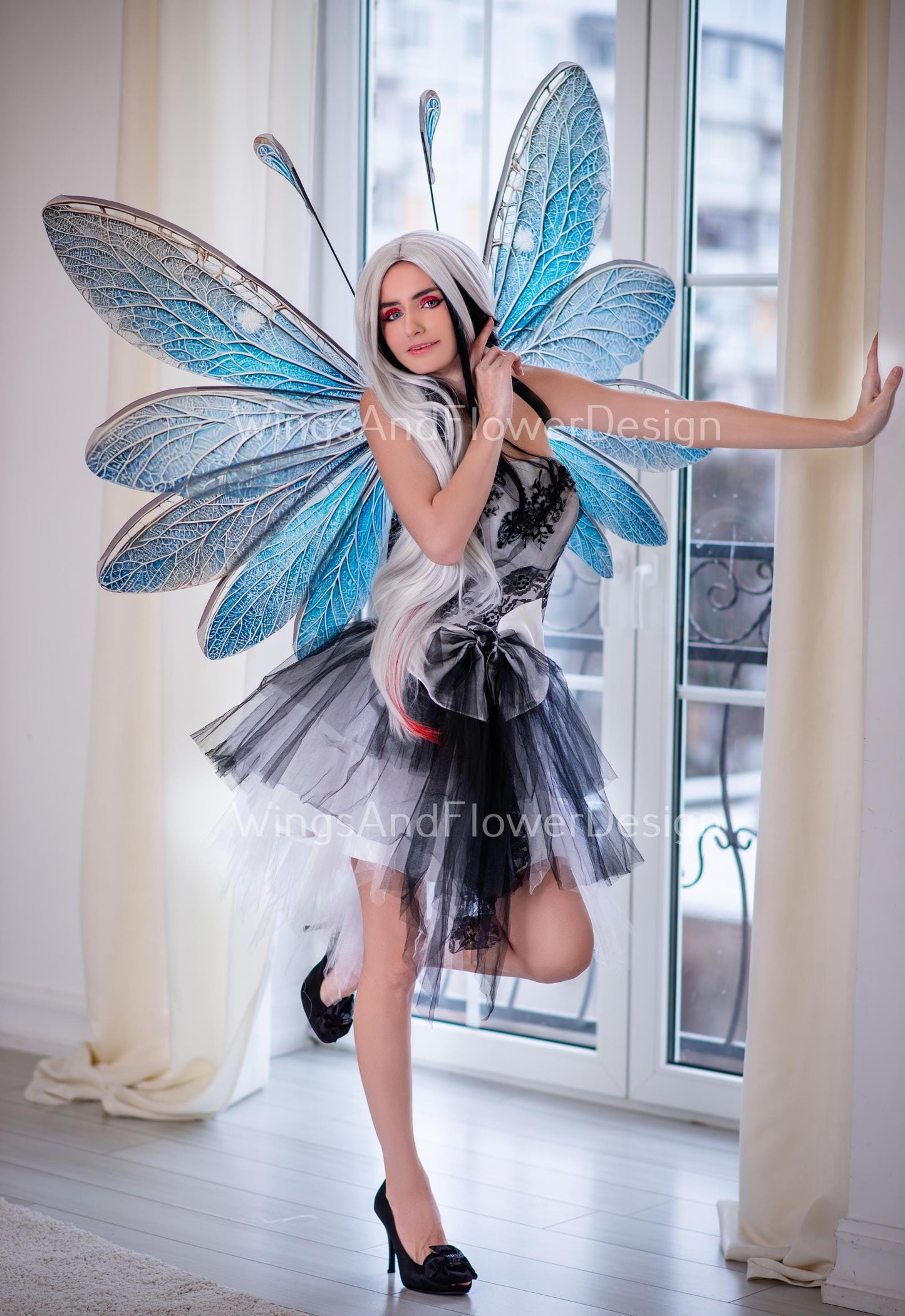 Blue transparent clear crystal winter snowflake glassy Fairy elf wings Photo Prop, fantasy magical halloween, Snow Queen ice air fairy wings
