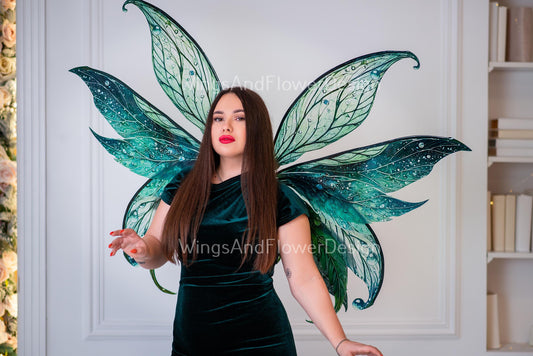 Green turquoise greenish-blue butterfly dragonfly forest fairy leaves  wings, costume wings, blue fairy wings Halloween renaissance festival