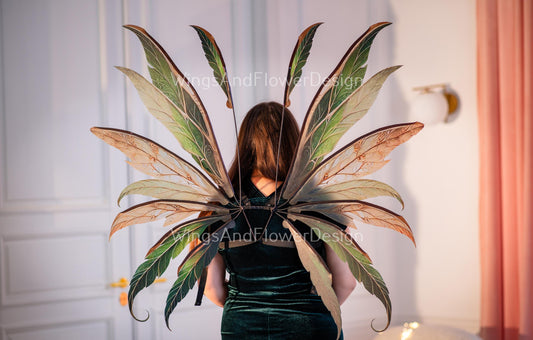Butterfly autumn green brown orange yellow forest fairy autumn leaves wings Photo Prop, wedding magical fairy wings, fantasy halloween