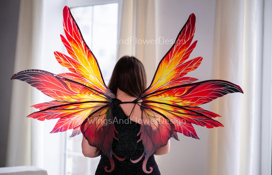 Red yellow orange phoenix sun dragonfly butterfly fairy costume wings, phoenix inspired fire wings fantasy cosplay mystical fashion wings