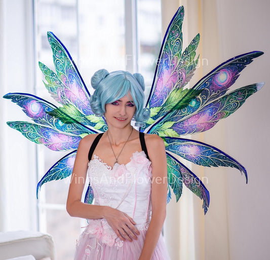 Butterfly blue purple green night forest galaxy fairy leaves wings, wings Photo Prop, magical fantasy halloween photoshoots themed events