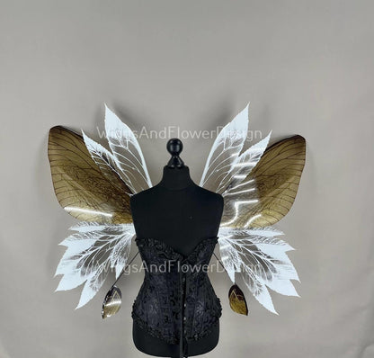 Butterfly gold white brown forest fairy leaves wings, wings Photo Prop, wedding wings, butterfly magical fairy wings, fantasy halloween