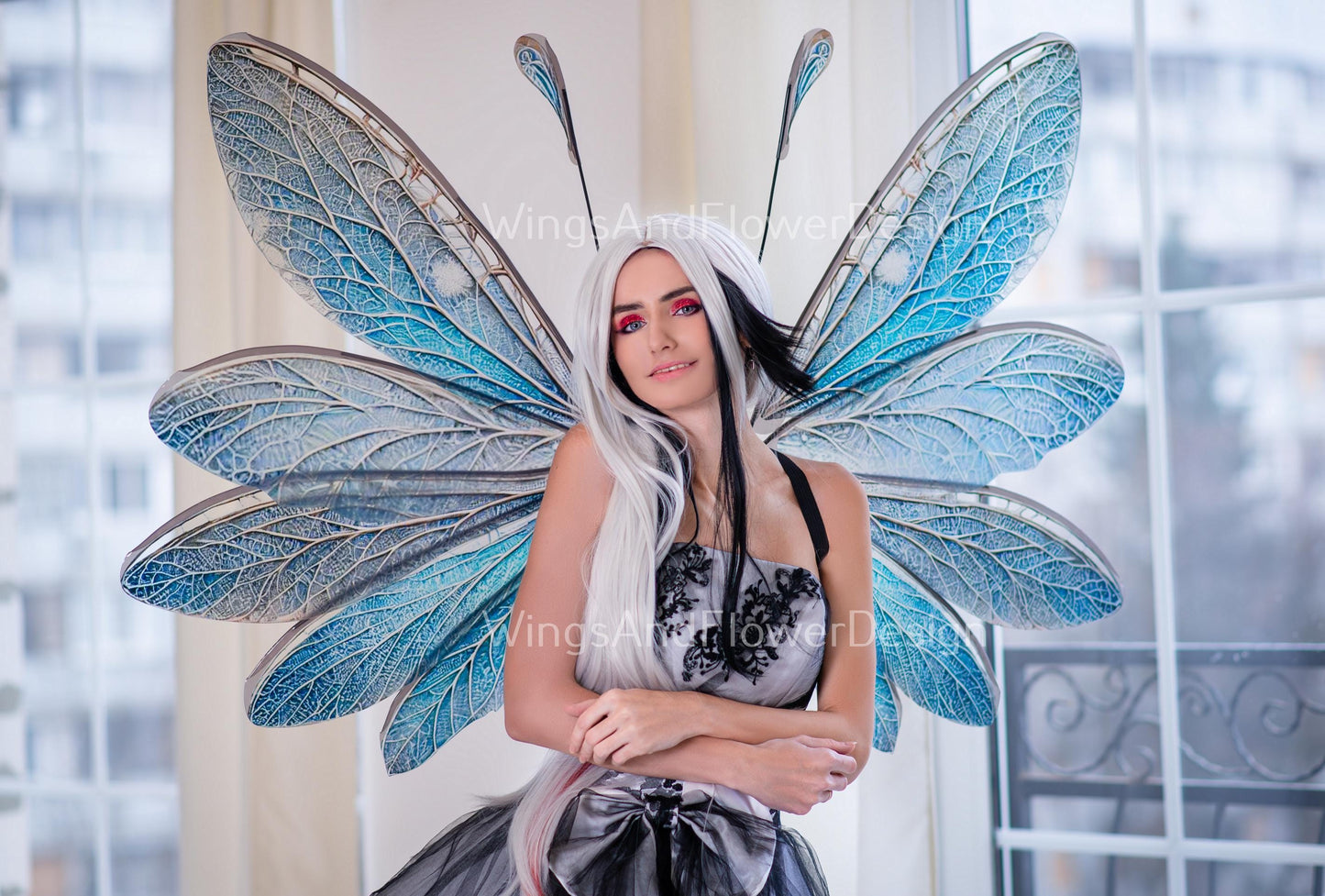 Blue transparent clear crystal winter snowflake glassy Fairy elf wings Photo Prop, fantasy magical halloween, Snow Queen ice air fairy wings