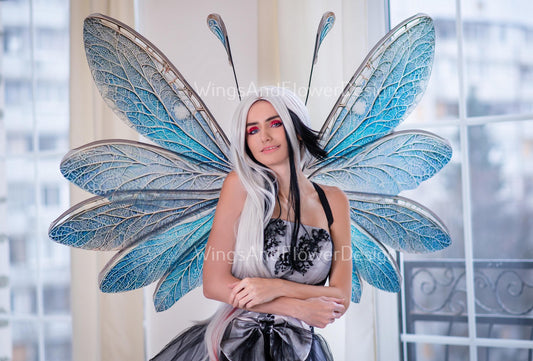 Blue transparent clear crystal winter snowflake glassy Fairy elf wings Photo Prop, fantasy magical halloween, Snow Queen ice air fairy wings