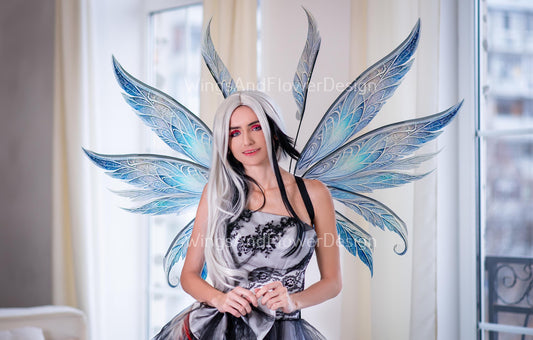 Blue gray transparent Snow Queen clear crystal icy winter snowflake glassy Fairy elf wings Photo Prop, fantasy magical halloween
