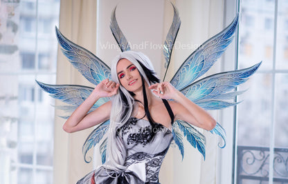 Blue gray transparent Snow Queen clear crystal icy winter snowflake glassy Fairy elf wings Photo Prop, fantasy magical halloween