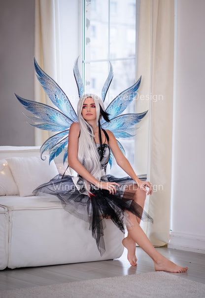 Blue gray transparent Snow Queen clear crystal icy winter snowflake glassy Fairy elf wings Photo Prop, fantasy magical halloween