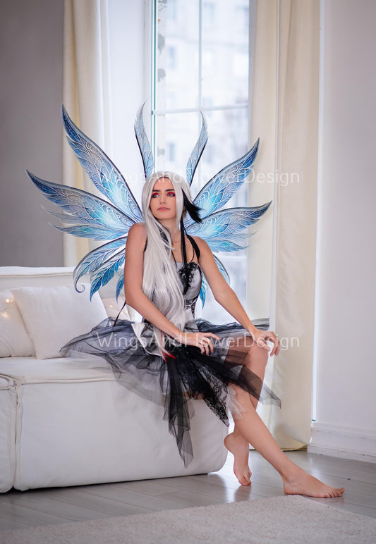 Blue gray transparent Snow Queen clear crystal icy winter snowflake glassy Fairy elf wings Photo Prop, fantasy magical halloween
