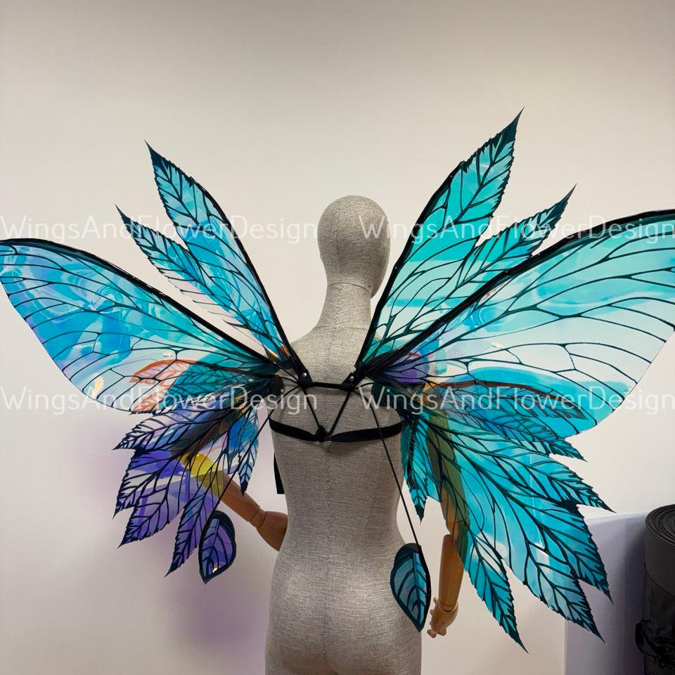 Rainbow iridescent mirror fluorescent blue purple butterfly elf wings, butterfly fairy wings fantasy Halloween magical fairy clear wings