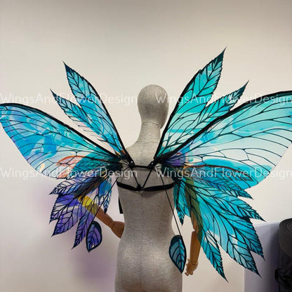 Rainbow iridescent mirror fluorescent blue purple butterfly elf wings, butterfly fairy wings fantasy Halloween magical fairy clear wings